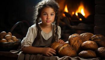 een schattig meisje bakken brood, lachend, omringd door natuur vreugde gegenereerd door ai foto