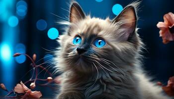 schattig katje zitten, staren met blauw ogen, speels en pluizig gegenereerd door ai foto