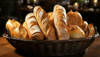 vers gebakken brood Aan houten tafel, een heerlijk eigengemaakt maaltijd gegenereerd door ai foto