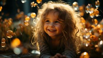 glimlachen kind, schattig meisjes, vrolijk viering, Kerstmis boom geluk gegenereerd door ai foto