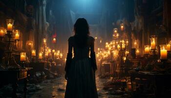 een jong vrouw in een donker jurk wandelingen alleen Bij nacht, omringd door mist gegenereerd door ai foto