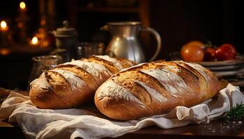 vers gebakken eigengemaakt ciabatta, een rustiek fijnproever maaltijd Aan houten tafel gegenereerd door ai foto