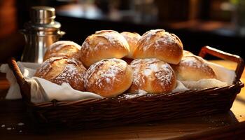 vers gebakken brood en eigengemaakt gebakjes Aan rustiek houten tafel gegenereerd door ai foto