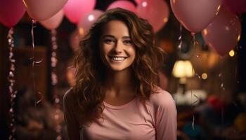 glimlachen vrouw geniet verjaardag partij, Holding ballon, op zoek Bij camera gegenereerd door ai foto