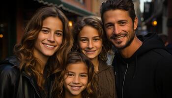 een gelukkig familie omarmen, lachend, en op zoek Bij de camera gegenereerd door ai foto