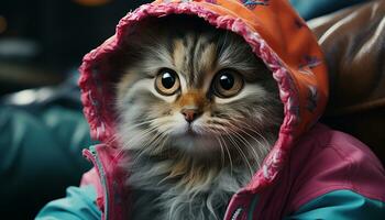 schattig katje in een met een kap overhemd staren speels, binnenshuis gegenereerd door ai foto
