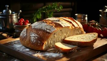 versheid van fijnproever maaltijd eigengemaakt brood, gegrild varkensvlees, gezond aan het eten gegenereerd door ai foto