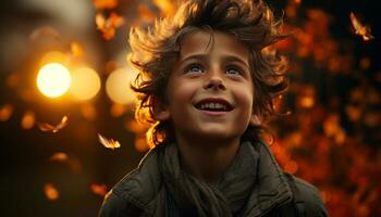 een vrolijk kind geniet herfst buitenshuis, omringd door natuur gegenereerd door ai foto
