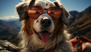 schattig puppy vervelend zonnebril zit buitenshuis, op zoek Bij camera gegenereerd door ai foto