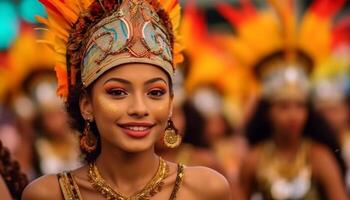 glimlachen jong Dames in traditioneel kleding samba dansen Bij braziliaans carnaval gegenereerd door ai foto