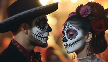 halloween viering spookachtig mannen en Dames in Mexicaans cultuur gegenereerd door ai foto