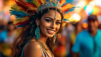 glimlachen jong Dames vieren braziliaans cultuur Bij een levendig carnaval gegenereerd door ai foto