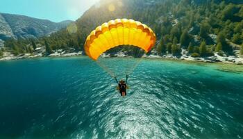 mannen vliegend in midden lucht, paragliden in natuur, ervaren extreem opwinding gegenereerd door ai foto