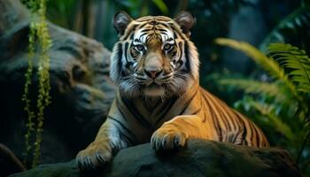 majestueus tijger, gestreept schoonheid, staren met agressie in tropisch Woud gegenereerd door ai foto