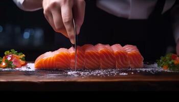 versheid van zeevruchten, vakkundig gesneden, klaar naar eten nigiri Aan bord gegenereerd door ai foto