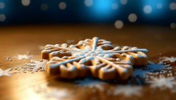 eigengemaakt peperkoek koekje Aan rustiek hout tafel, winter viering decoratie gegenereerd door ai foto