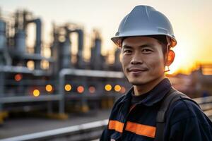 voorkant kant portret van jong Aziatisch mannetje ingenieur vervelend veiligheid helm en staand tegen olie raffinaderij achtergrond. generatief ai foto