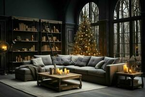 elegant interieur van leven kamer met versierd Kerstmis boom, luxe leven kamer nieuw jaar foto