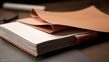 stack van leerboeken Aan tafel in bibliotheek gegenereerd door ai foto