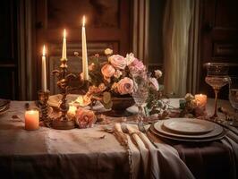 roze bloemen tafel instelling voor een romantisch avondeten tafel met tafel lap, kaarsen en zilverwerk. generatief ai foto