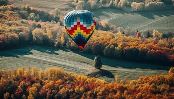 heet lucht ballon vliegt over- levendig berg reeks in herfst gegenereerd door ai foto