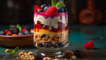 vers BES parfait met muesli en yoghurt gegenereerd door ai foto