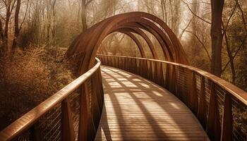 wandelen Aan loopbrug, omringd door herfst schoonheid gegenereerd door ai foto