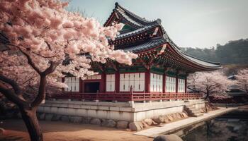 kers bloesem pagode, oude schoonheid in natuur gegenereerd door ai foto