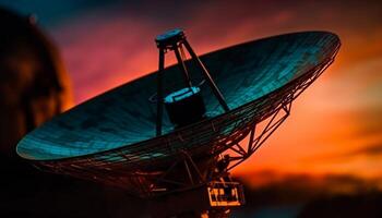 globaal communicatie sturen Golf patroon via satelliet antenne Bij dageraad gegenereerd door ai foto