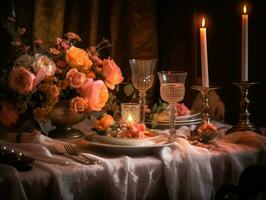 roze bloemen tafel instelling voor een romantisch avondeten tafel met tafel lap, kaarsen en zilverwerk. generatief ai foto