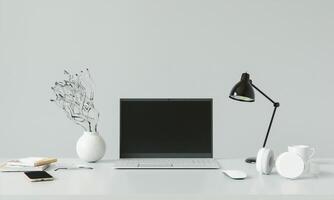 kantoorruimte met laptop op tafel, 3D-stijl. foto