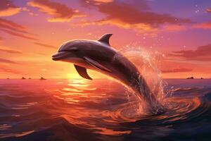 dolfijn jumping uit van de water Bij zonsondergang.ai generatief foto