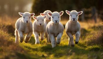 zon gekust lammeren dartelen in weelderig weide gegenereerd door ai foto