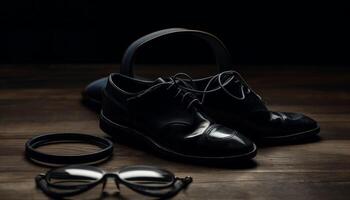 zwart leer leegloper met glimmend schoenveter sluiting gegenereerd door ai foto