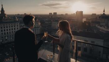 jong paar geniet Champagne Aan stad op het dak gegenereerd door ai foto