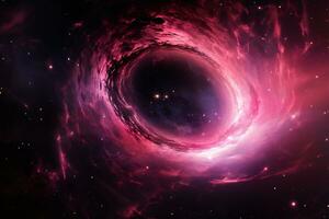 een superzwaar zwart gat verslindt een levendig roze planeet. ai generatief foto