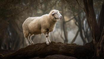 harig lam staat in met gras begroeid weide weiland gegenereerd door ai foto