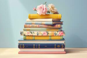 een stack van kleurrijk boeken Aan een tafel met een pastel achtergrond ai generatief. foto