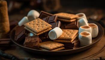 stack van eigengemaakt chocola spaander koekjes Aan bord gegenereerd door ai foto
