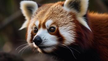 pluizig pommeren puppy staren Bij camera buitenshuis gegenereerd door ai foto