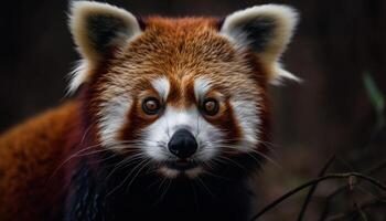 schattig rood panda staren Bij camera buitenshuis gegenereerd door ai foto