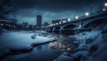 verlichte wolkenkrabbers reflecteren Aan bevroren water in de stad Bij schemer gegenereerd door ai foto