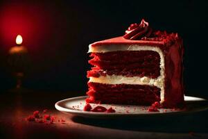rood fluweel taart met vers aardbeien. ai generatief foto