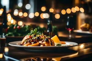 controleren uit de lekker capirotada schotel Bij een dichtbij restaurant ai gegenereerd foto