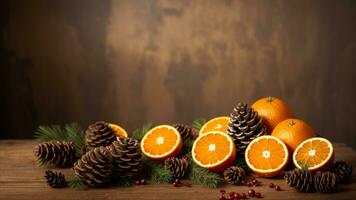 Kerstmis vakantie achtergrond feestelijk decoratie kaneel, dennenappels, en sinaasappels Aan een houten tafel. ai gegenereerd foto