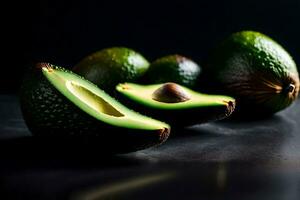de camera krijgt dichterbij naar een avocado fruit, welke is in focus en staat uit tegen een donker achtergrond in de studio ai gegenereerd foto