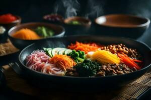 de camera is krijgen dichterbij naar tonen een heerlijk en populair Koreaans schotel gebeld Bibimbap soms, het kan worden moeilijk naar begrijpen wat is gaan Aan achter iets ai gegenereerd foto