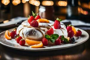 deze tekst is over een heerlijk toetje gebeld pavlova het legt uit waarom pavlova is werkelijk smakelijk en waarom het is belangrijk Daar is een mooi hoor plaats naar eten in de terug van deze plaats ai gegenereerd foto