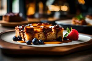 de camera krijgt dichterbij naar een heerlijk toetje gebeld brood pudding, en Daar is een mooi hoor restaurant in de afstand ai gegenereerd foto