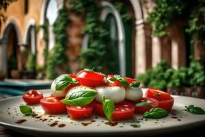 een smakelijk en pittig Italiaans caprese salade is wezen genoten buitenshuis in een mooi een deel van een Italiaans huis ai gegenereerd foto